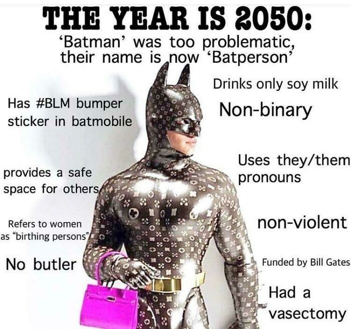 Person dressed as Batman in a patterned suit holding a pink bag, illustrating memes about identity and social issues in 2050.