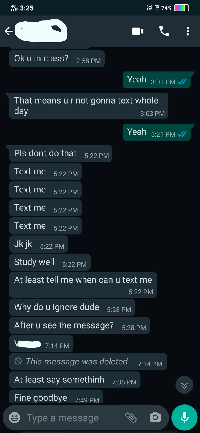 Screenshot of an unhinged text conversation showing persistent messages and emotional pleas from a woman.