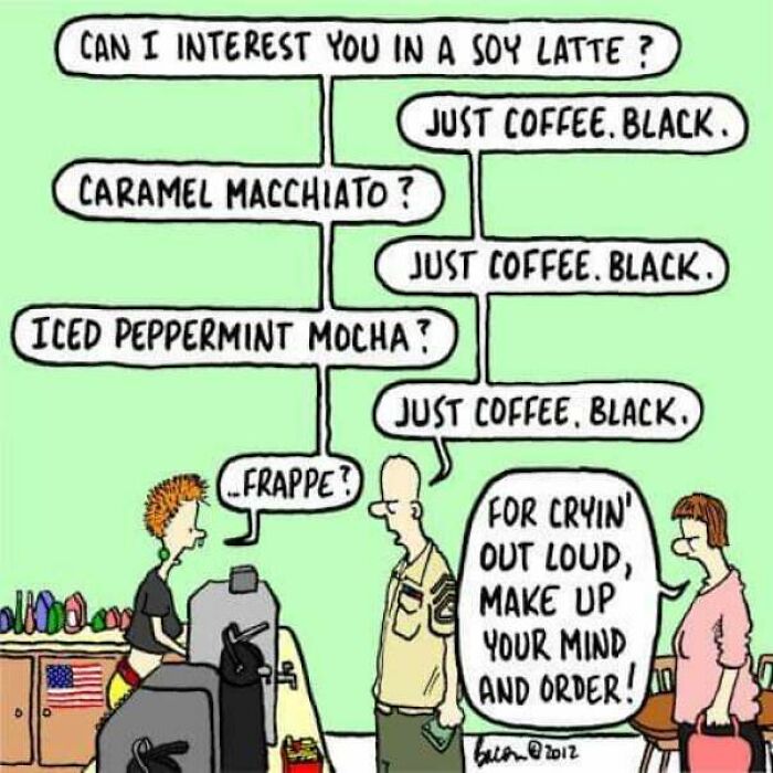 Cartoon meme showing a customer repeatedly ordering black coffee, highlighting humor in memes people share.