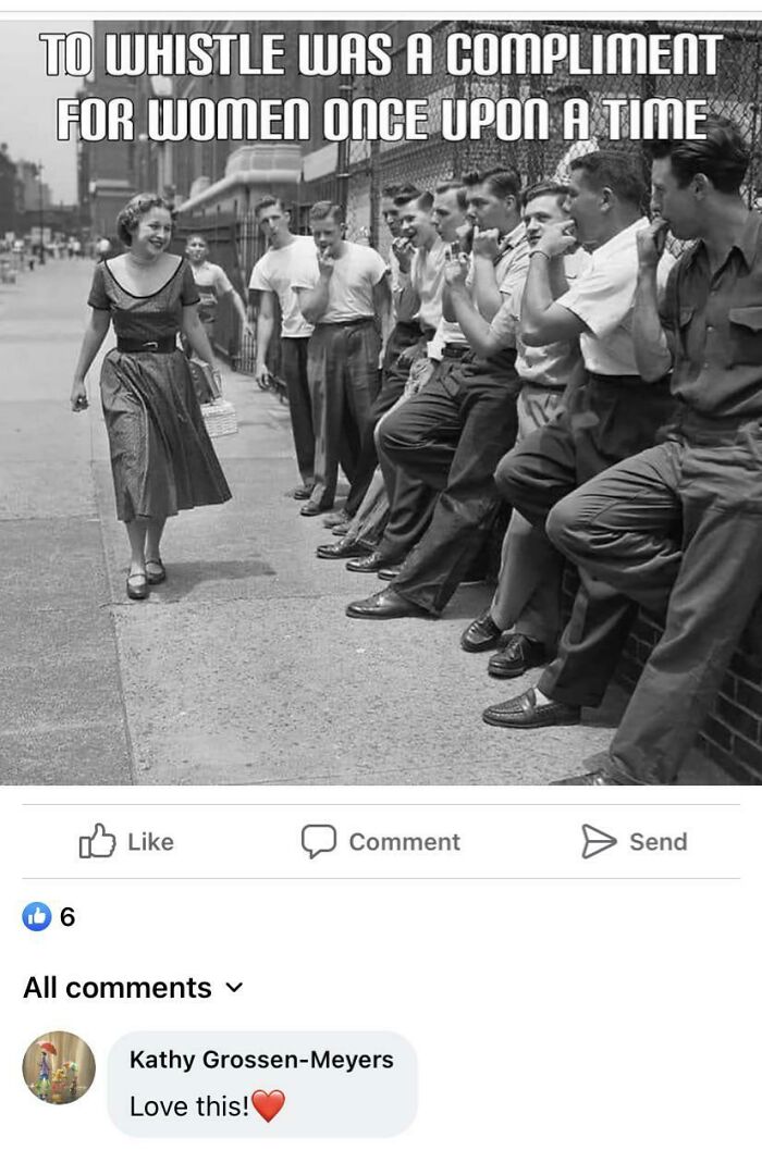 Vintage black and white meme about whistling as a compliment, highlighting personality through the memes shared online.