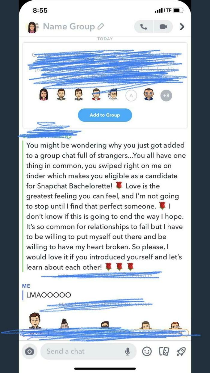 Screenshot of a group chat with an unhinged message from a woman about a Snapchat Bachelorette challenge.