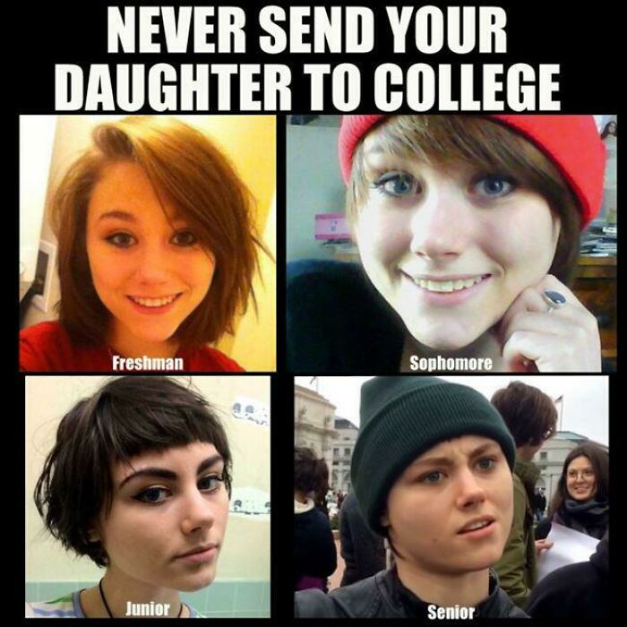 Four photos showing a girl’s changing looks through college years as a meme about college and youth trends.