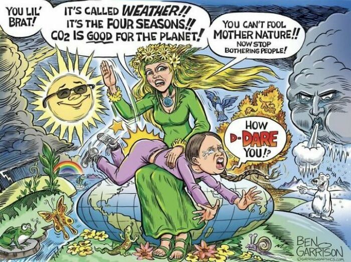 Cartoon meme showing a woman labeled Mother Nature spanking a man, with weather and environmental elements around.