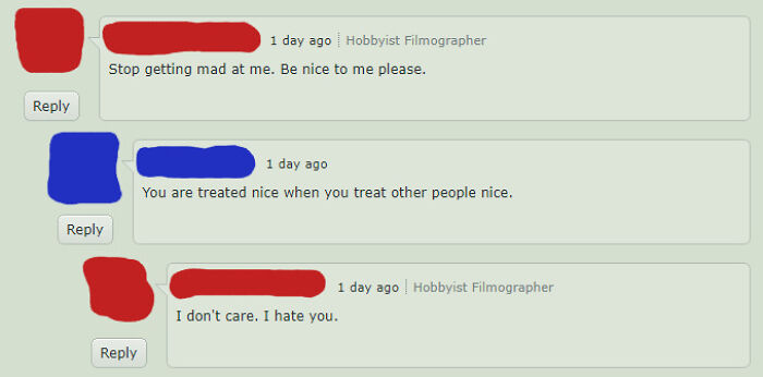 Screenshot showing an unhinged online conversation with aggressive and contradictory statements between users.