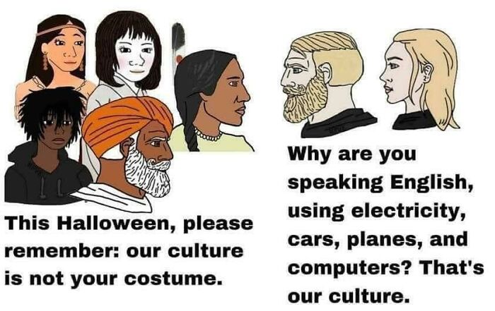 Illustrations of diverse people debating cultural respect and appropriation in memes shared online about identity and culture.