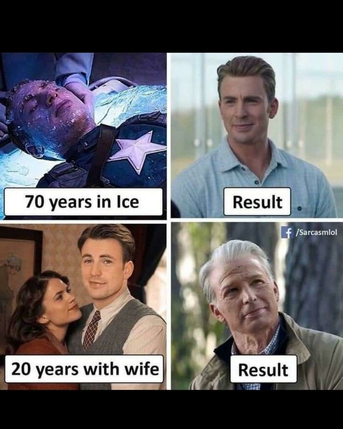 Meme comparing effects of 70 years in ice versus 20 years with wife on a man, highlighting humorous results.