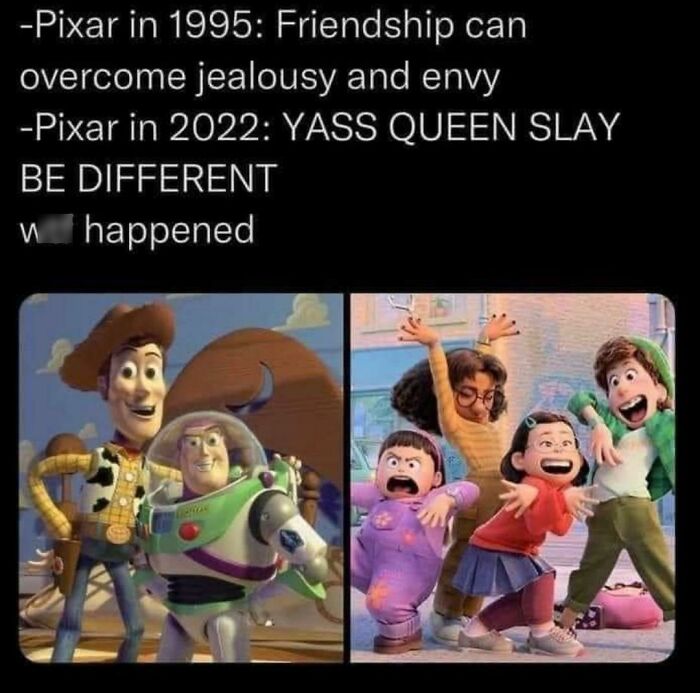 Comparison meme showing Pixar characters from 1995 and 2022, highlighting changes in themes and animation style.