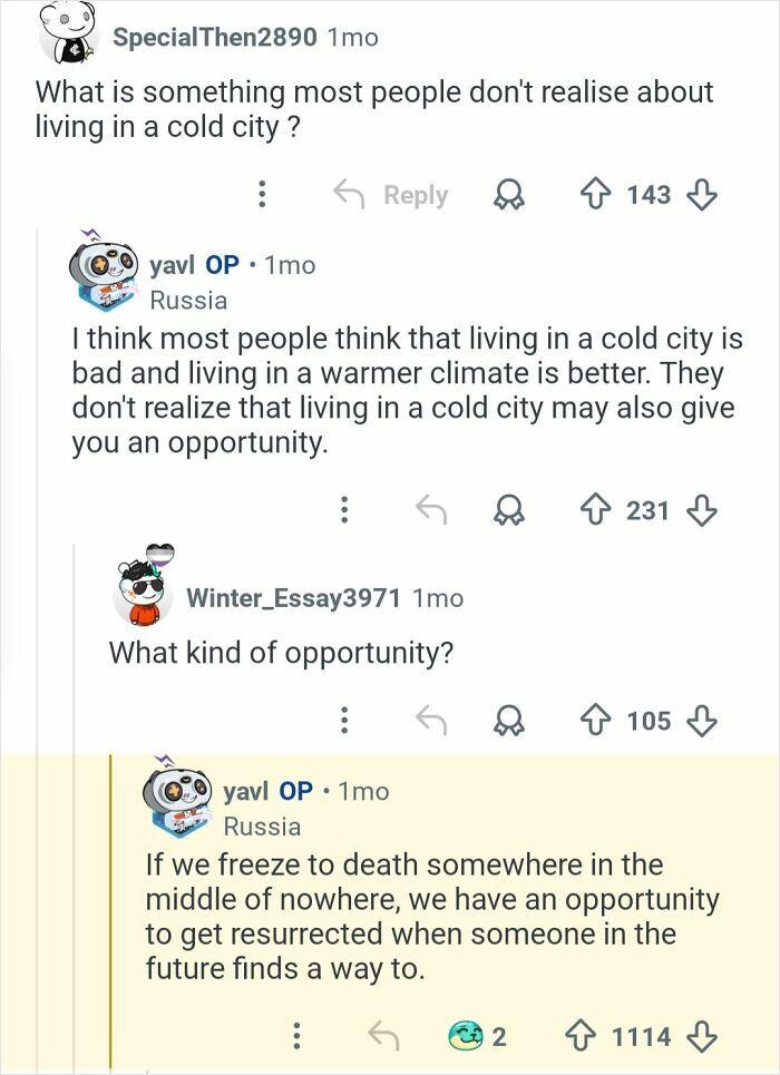 Reddit conversation about daily life and opportunities shared by a person living in the coldest city in the world.