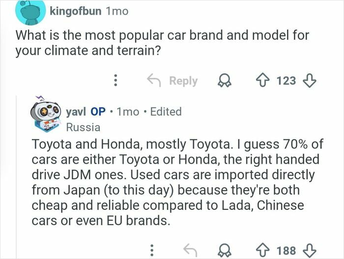 Comment discussing popular car brands Toyota and Honda used in the coldest city in the world daily life.