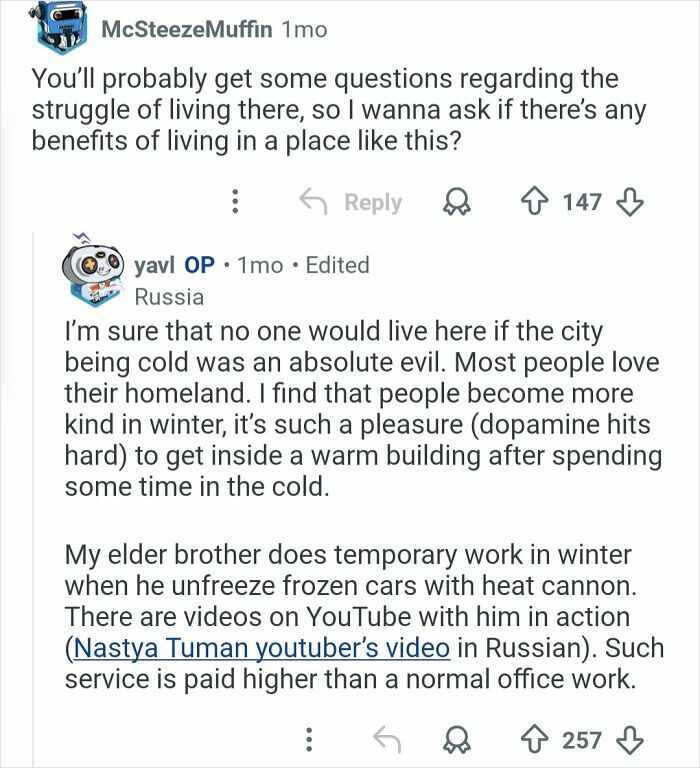 Screenshot of an online Q&A where a person living in the coldest city discusses daily life and winter challenges in Russia.