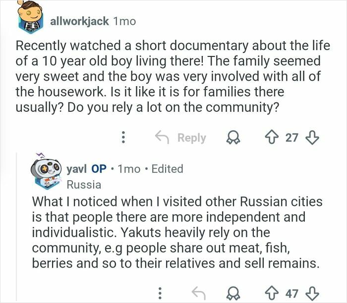 Reddit conversation discussing daily life and community reliance of a person living in the coldest city in the world.