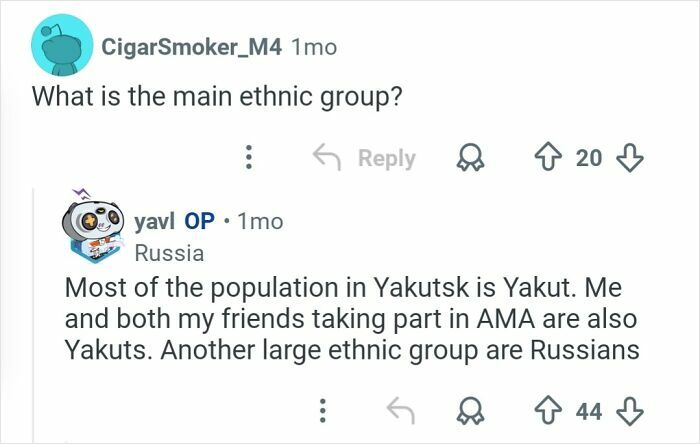 Screenshot of an online Q&A discussing the ethnic groups of a person living in the coldest city in the world.