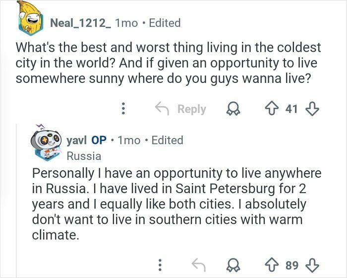 Reddit user discusses living in the coldest city in the world and preferences for different Russian cities.