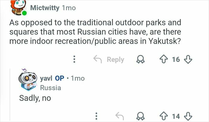 Commenter asking about indoor public areas in Yakutsk, discussing daily life of a person living in the coldest city in the world.