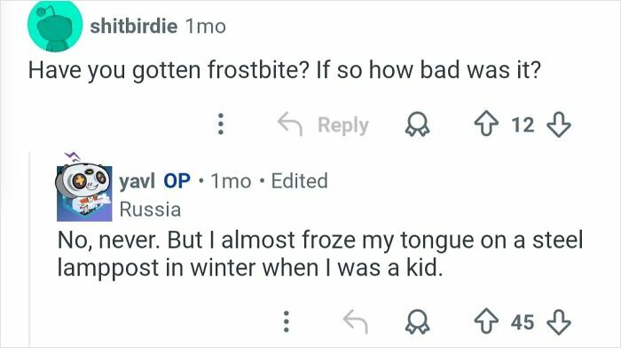 Reddit conversation showing a person living in the coldest city in the world describing a childhood frostbite near a lamppost.