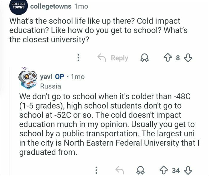 Reddit user from Russia explains school life and cold impact on education in the coldest city in the world.