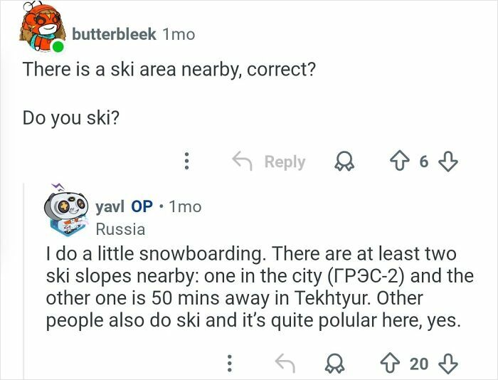 Commenter asking about ski areas and skiing, with a person living in the coldest city in the world answering about local ski slopes.