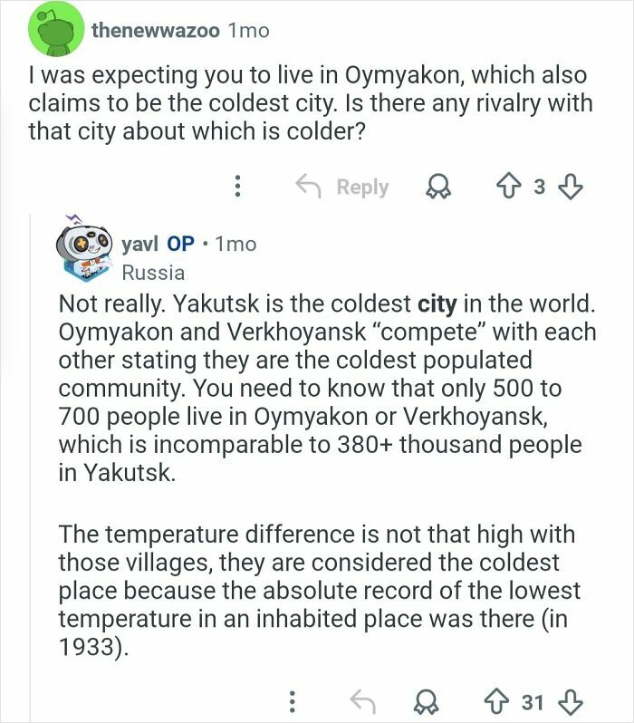 Reddit user explains Yakutsk as the coldest city in the world versus Oymyakon and Verkhoyansk’s coldest claims.