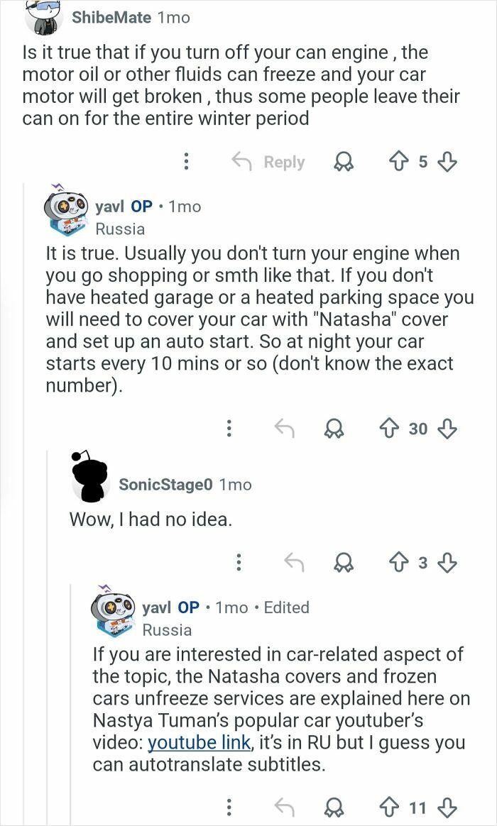 Reddit conversation about living in the coldest city in the world and managing car engines in extreme cold.