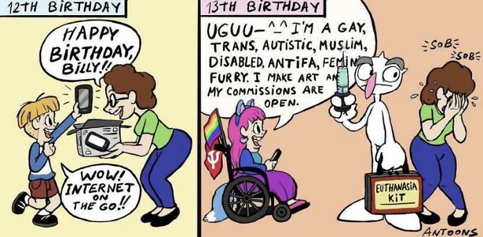 Cartoon comparing a boy’s 12th and 13th birthday, highlighting internet culture and identity memes people share.
