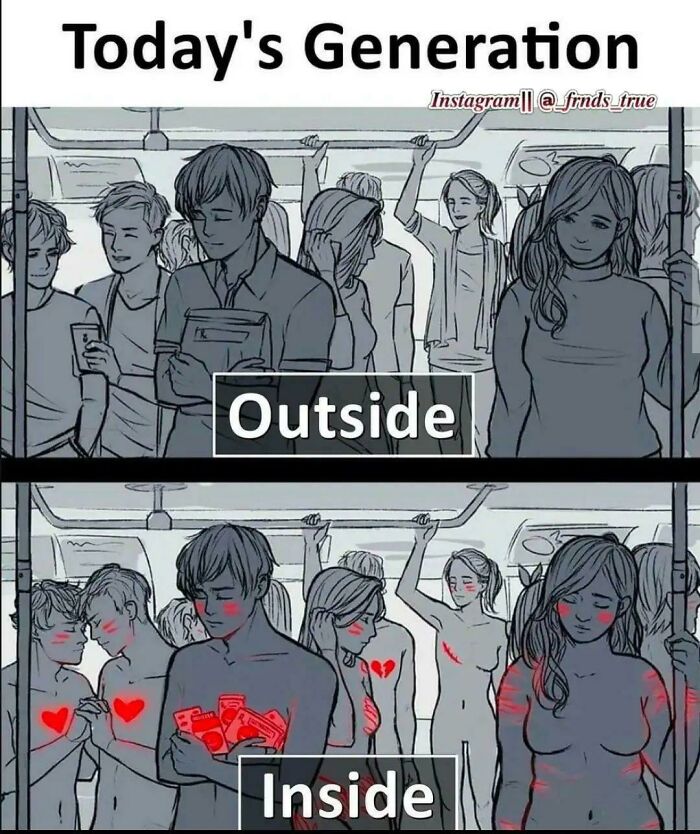 Illustration showing contrast between today's generation outside appearing neutral and inside with hearts and emotions, meme concept.