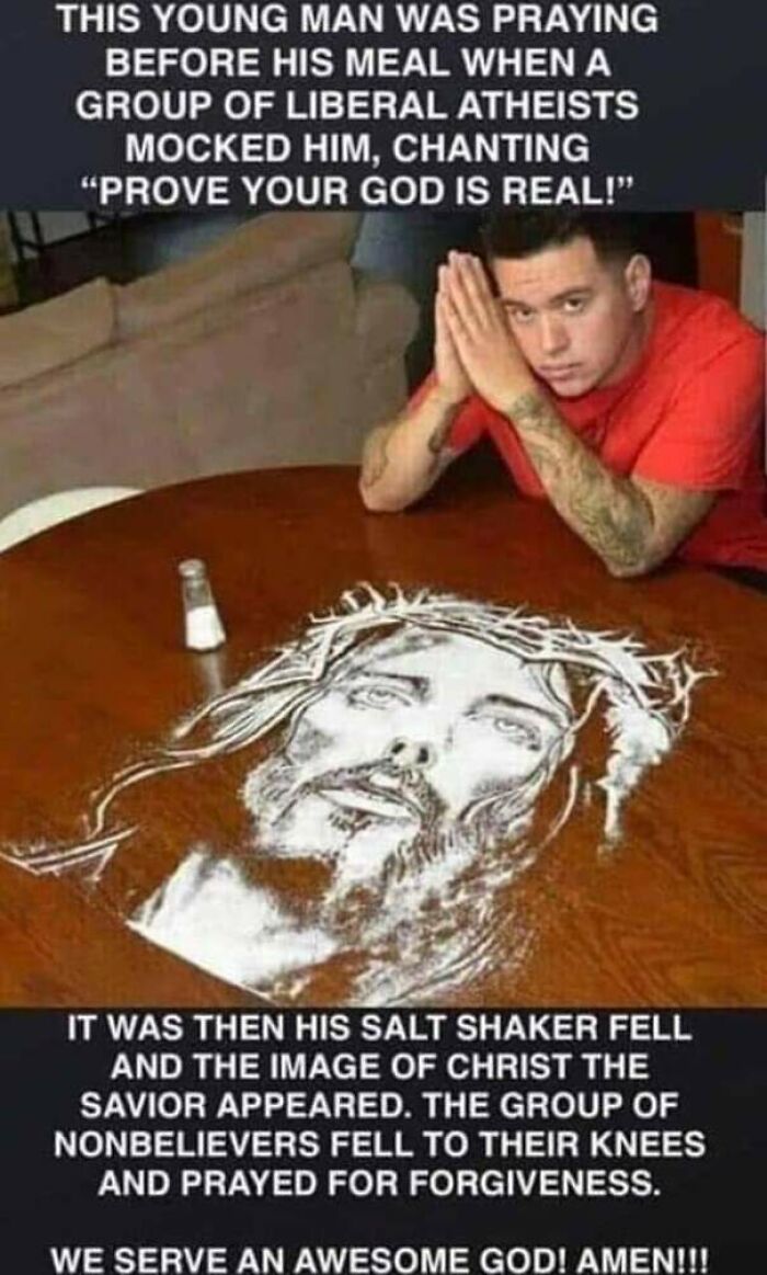 Young man praying at table with salt art of Christ, illustrating how you can tell a lot about a person by the memes they share.