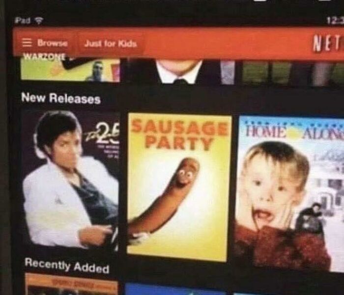 Streaming platform showing new releases with a humorous sausage party cover, highlighting accidental comedy in seemingly harmless pics.