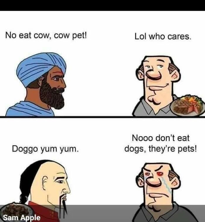 Cartoon meme illustrating different cultural views on eating pets like cows and dogs, highlighting meme sharing personality traits.