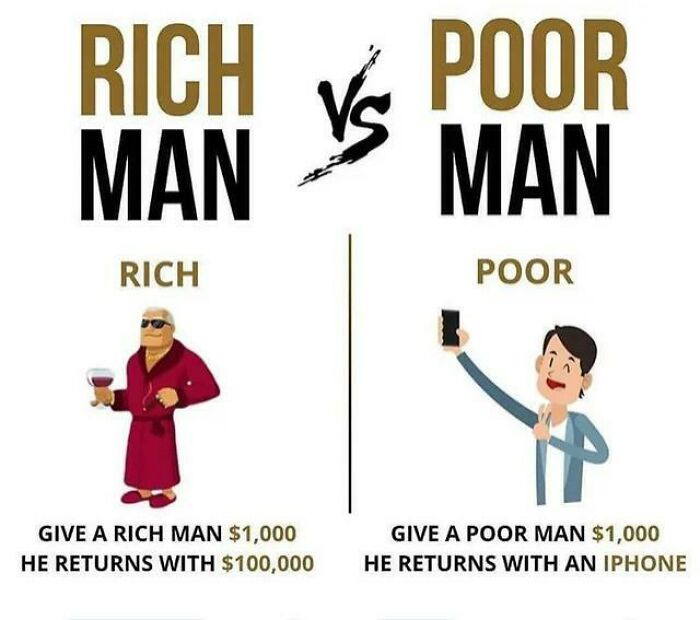 Comparison meme illustrating differences between rich and poor men, highlighting money versus material returns, related to memes shared.