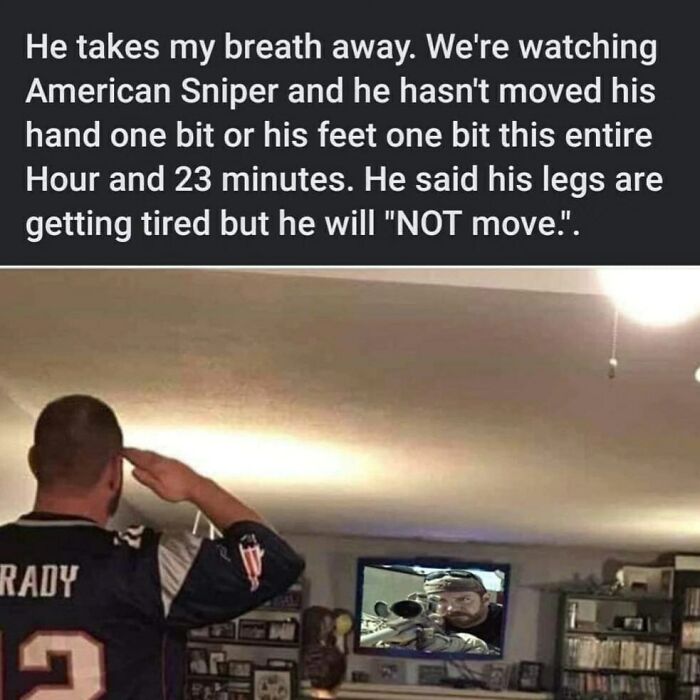 Man in a Brady jersey saluting while watching American Sniper, illustrating dedication in popular memes shared online.