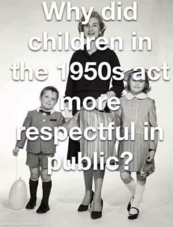 Black and white vintage photo of children in 1950s attire with text about respectful behavior in public shared as a meme.