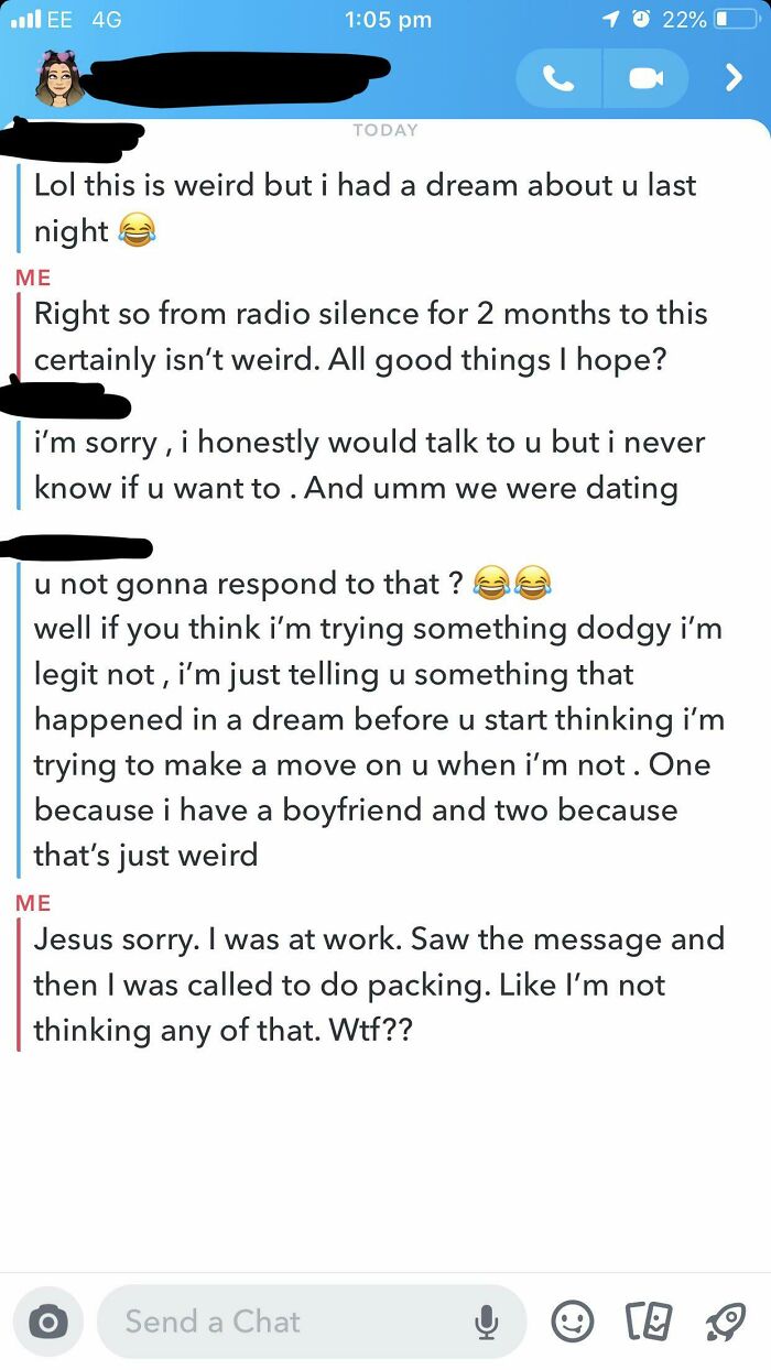 Chat screenshot showing unhinged things women said with awkward and confusing messages about dreams and relationships.