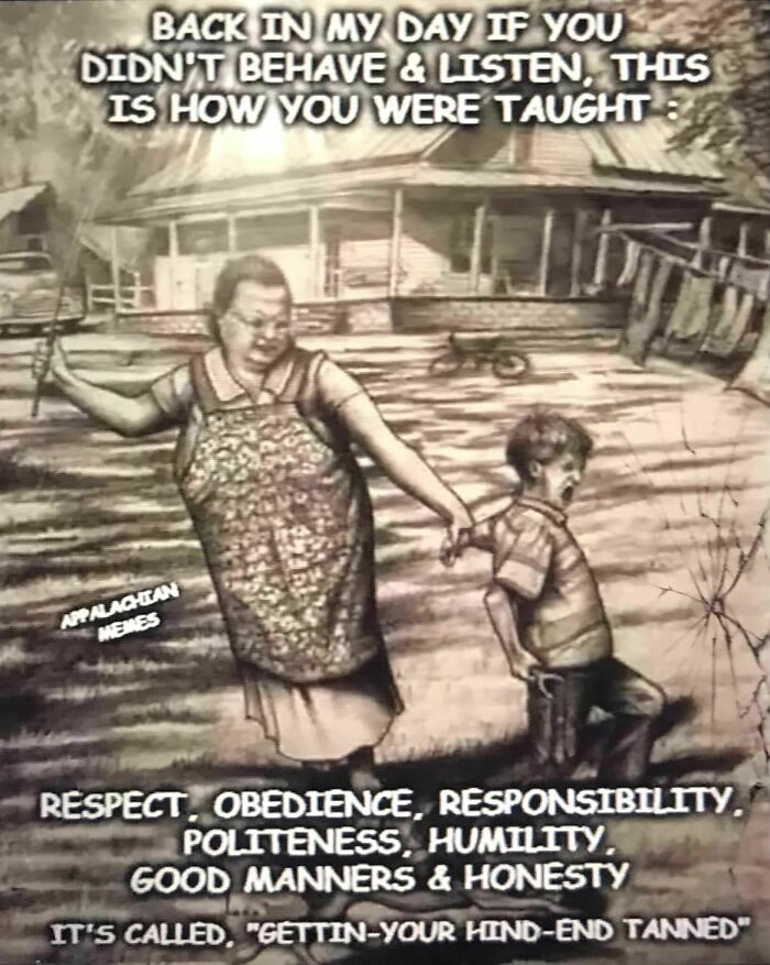 Old-fashioned discipline meme showing a woman spanking a child to teach respect, obedience, and honesty, reflecting meme sharing traits.