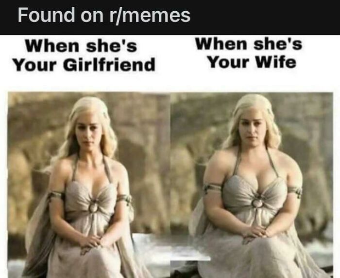 Comparison meme showing a woman as a girlfriend versus wife, highlighting humor in memes people share about relationships.