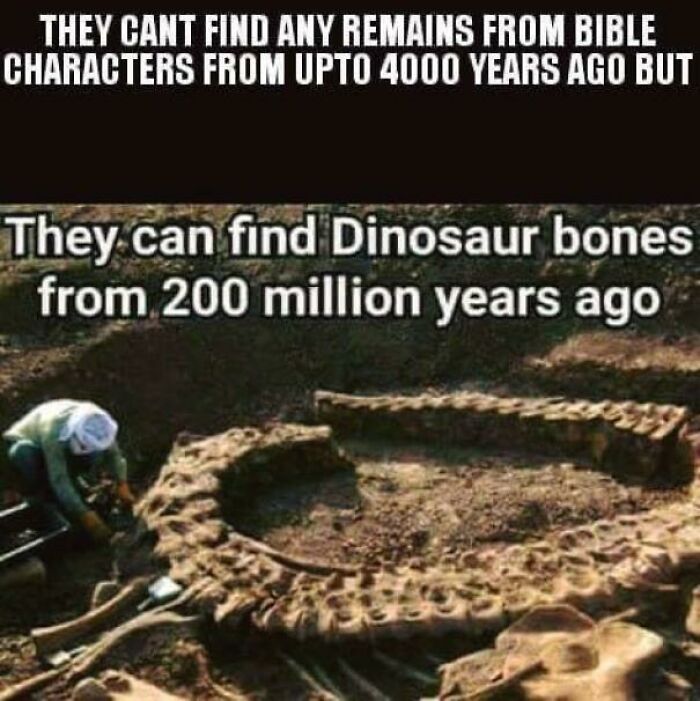 Archaeologist uncovering dinosaur bones, highlighting memes about historical remains and the memes people share.