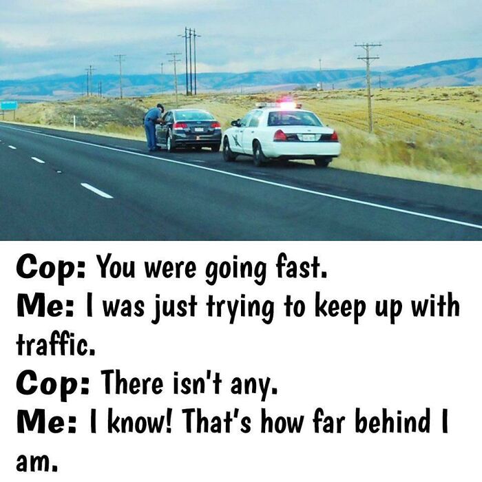 Police car pulling over a vehicle on a highway with a humorous meme about speeding and traffic shared.