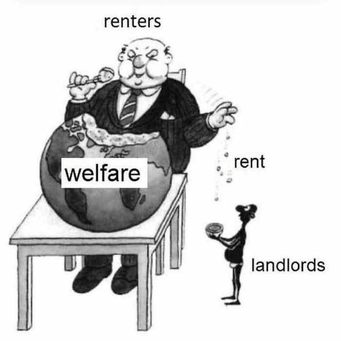 Cartoon meme showing renters benefiting from welfare, while landlords receive small rent payments.