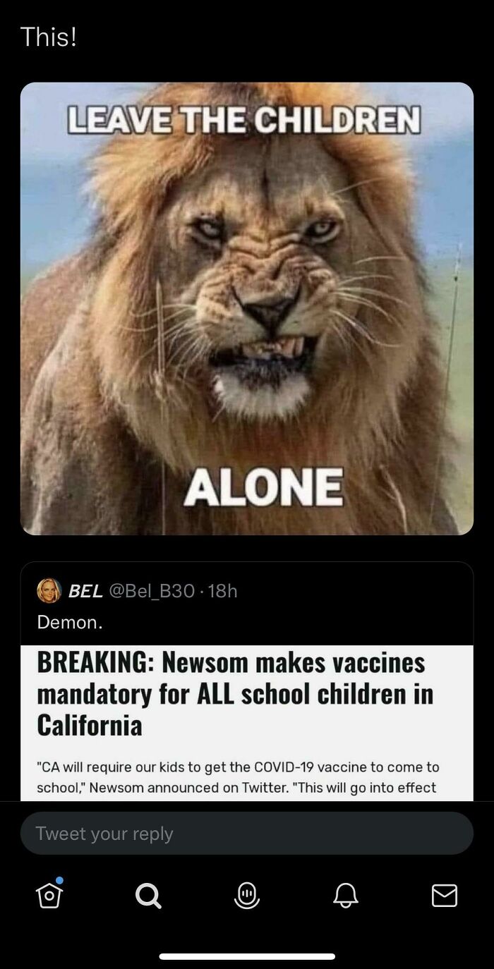 Angry lion meme with text leave the children alone paired with tweet about vaccine mandate for schoolchildren.