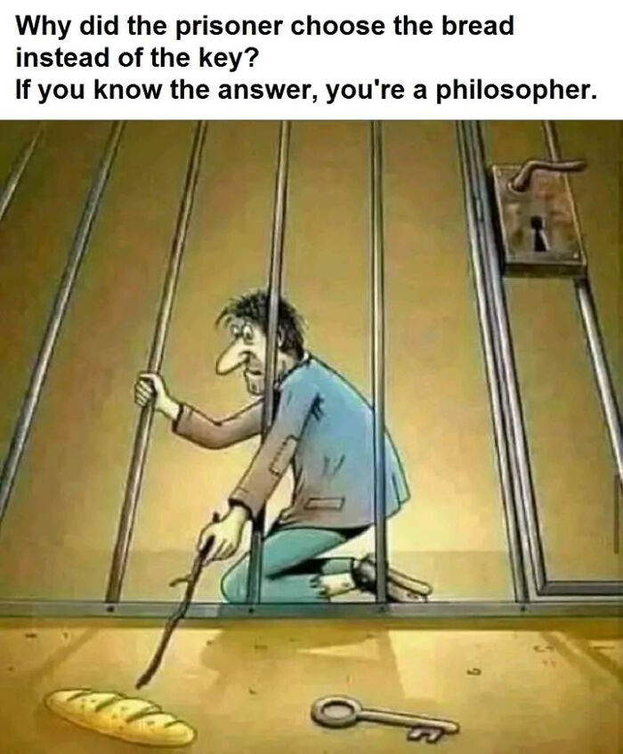 Cartoon meme of prisoner choosing bread over key to escape, illustrating humor in the memes people share.
