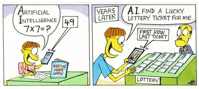 Cartoon meme showing artificial intelligence solving math and later finding a lucky lottery ticket, highlighting memes people share.