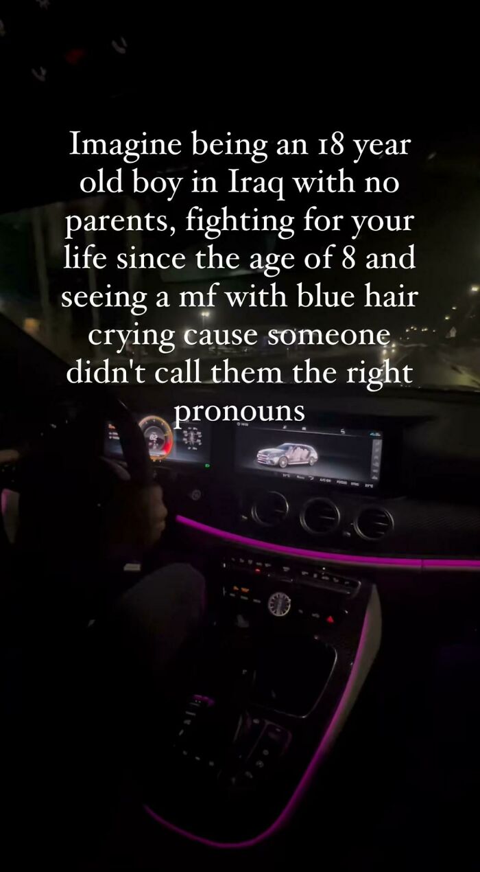 Text meme about an 18-year-old boy in Iraq contrasting life struggles with people upset over pronouns, shared as part of memes.