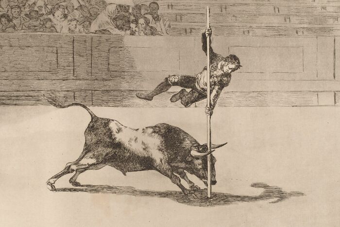 Illustration of a dangerous and unsafe historical sport showing a man confronting a charging bull with a pole.
