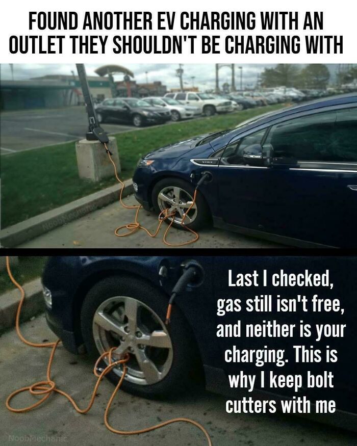 Electric vehicle charging misuse meme showing a car splicing into another's charging cable with bolt cutters mentioned.