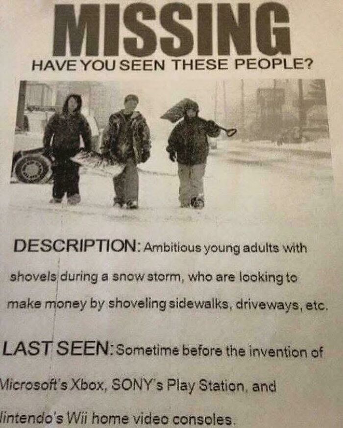 Missing poster meme showing ambitious young adults shoveling snow, reflecting personality traits shared through memes.