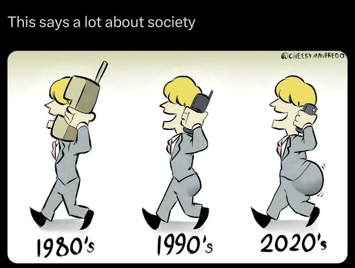 Cartoon showing evolution of mobile phones from 1980s to 2020s, highlighting changing society and meme culture humor.