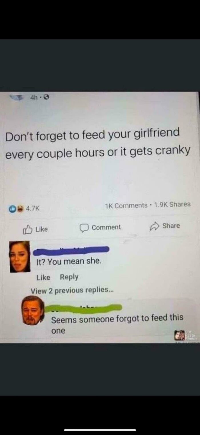Screenshot of a meme conversation about feeding a girlfriend to avoid crankiness, highlighting funny meme examples shared online.