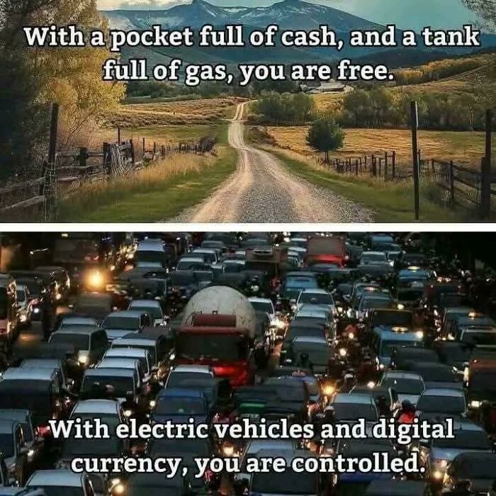 Split image meme comparing freedom on a rural road to control in traffic, reflecting themes in memes people share.