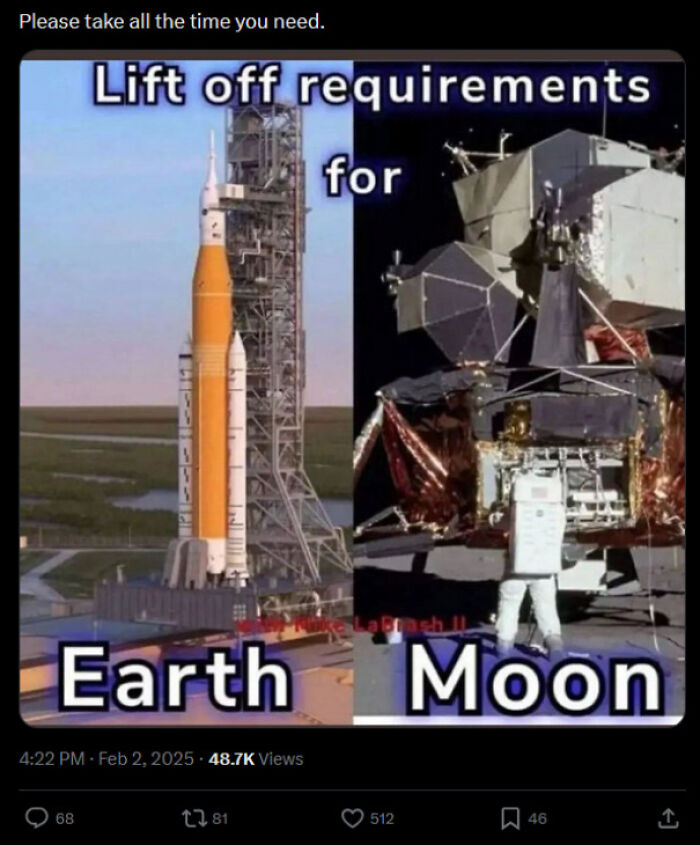 Rocket launch pad on Earth contrasted with astronaut on the Moon, illustrating memes people share about space themes.