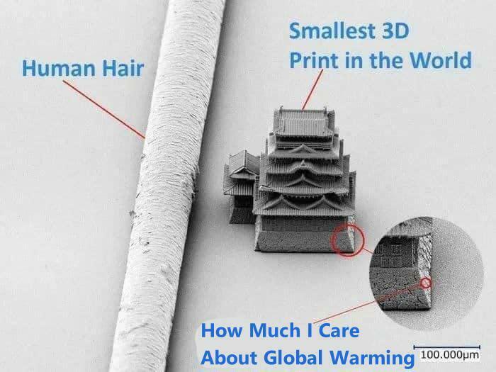 Microscopic image comparing human hair thickness to the smallest 3D print, used in an infuriating meme example.