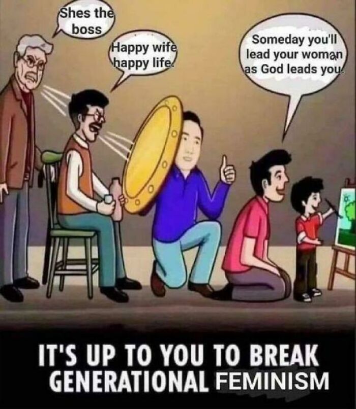 Cartoon showing generational opinions with text about breaking generational feminism and memes revealing personality traits.